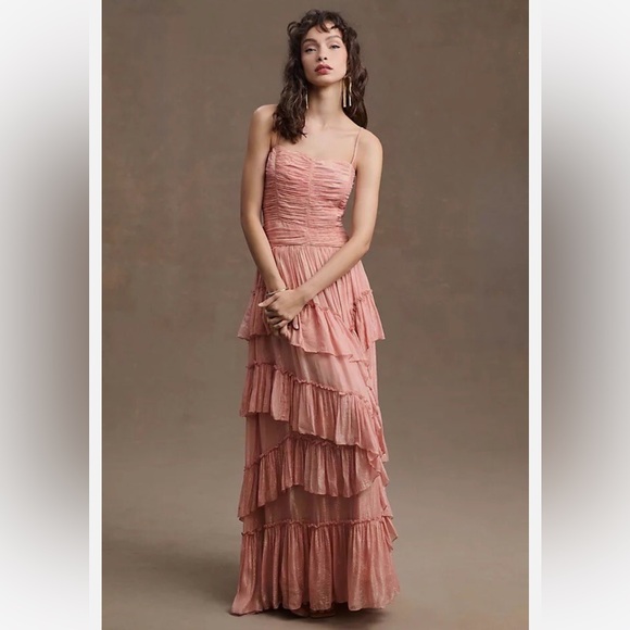 Anthropologie BHLDN Jessa Asymmetrical iridescent Tiered Ruffled DropWaist Gown - Picture 2 of 5